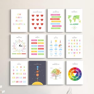 Lernposter, 12er Set, Montessori, Kinderzimmer, Klassenzimmer, Wandkunst, Digital, Deutsch