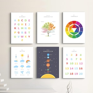 Carteles de aprendizaje, Conjunto de 6, Montessori, Habitación infantil, Aula, Arte de pared, Digital, Alemán