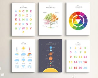 Learning posters, set of 6, Montessori, children's room, classroom, wall art, digital, German