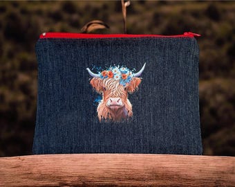 Highland Cow Denim-väska | Skottland | Unika handgjorda presenter