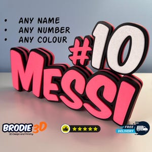 MESSI #10 or Any Name-Any Number-Any Colour Personalised Name Sign, Custom Name Plate, Desk Sign, Name Plaque, Football Team Number, GOAT