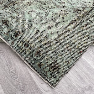 Vintage Oushak Rug: 4x7 Green Brown Wool Turkish Rug