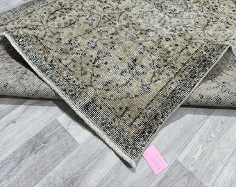 Handmade Wool Oushak Rug 4.2x7.3 Ft: Beige Brown Blue Turkish Area Rug