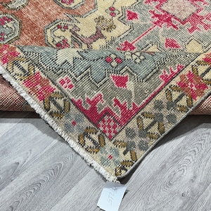 Handmade 4x7 Oushak Rug: Red, Blue, & Green Vintage Turkish Wool Rug