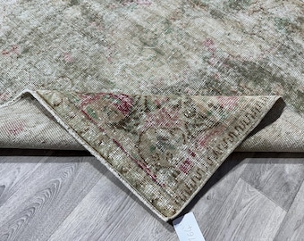 4x6 Vintage Turkish Oushak Rug, Green Pink Beige Wool