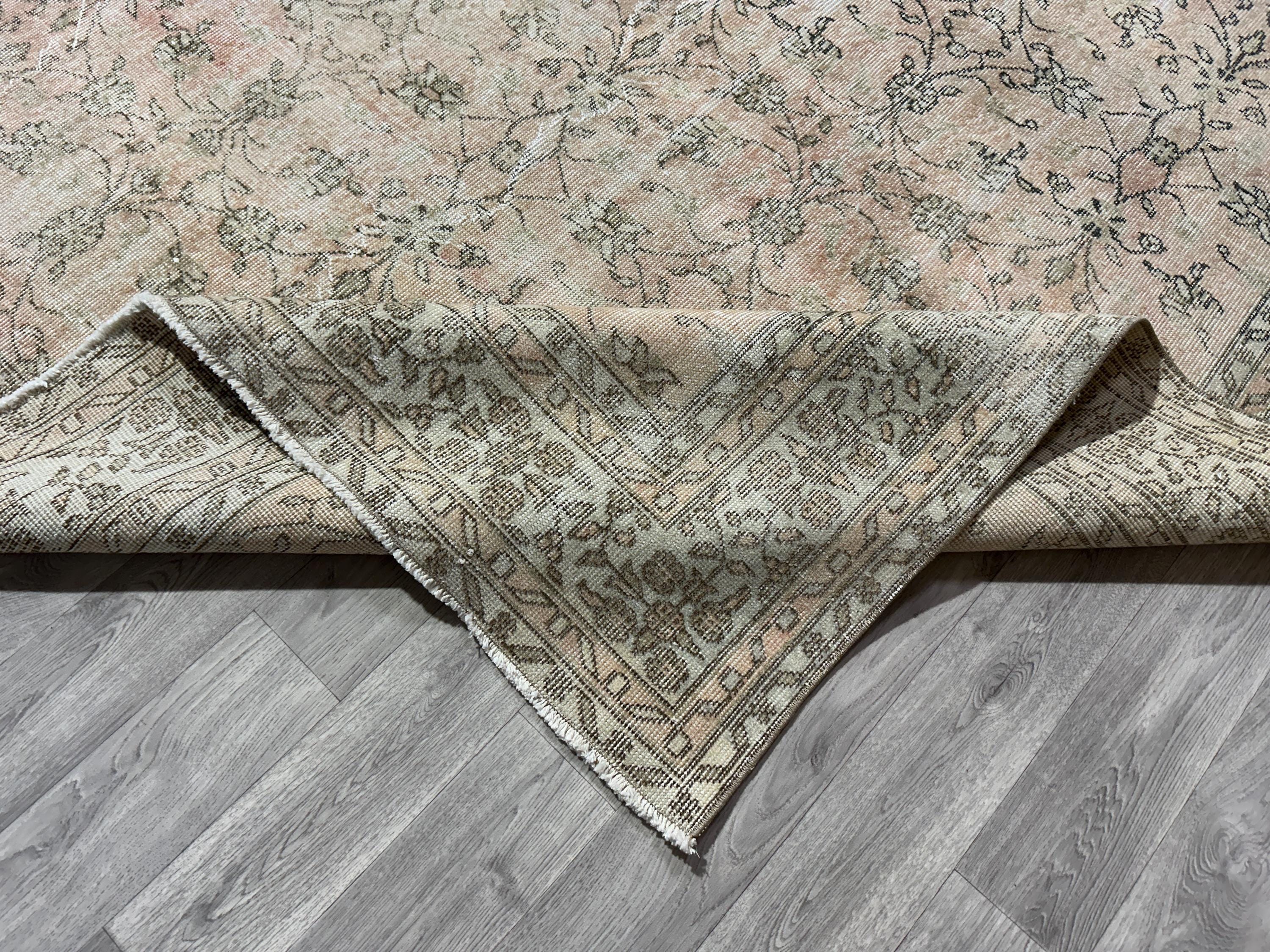 7x10 Pink Green Turkish Rug, 7x10 Vintage Area Rug, Oushak Kitchen Bedroom Livingroom Patio Kids Nursery Outdoor Rug, Handmade, 6.8x10.4 Ft