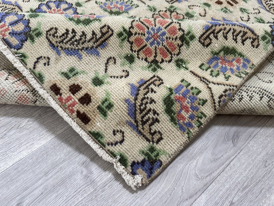 4x8 Pink Beige Green Blue Turkish Rug, 4x8 Vintage Knot Rug, Oushak ...