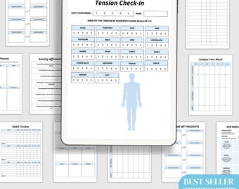 May include: A printable digital planner with a blue and white color scheme. The planner includes sections for tracking habits, analyzing mood, reframing thoughts, and self-reflection. The planner also includes a body tension check-in chart with a silhouette of a person.