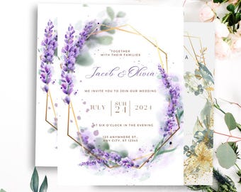 May include: A wedding invitation with a watercolor design featuring lavender flowers and a gold geometric frame. The text reads "Together with their families, Jacob & Olivia, We invite you to join our wedding, July 24, 2021, at six o'clock in the evening, 123 Anywhere St., Any City, ST 12345."