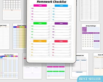 May include: A digital planner with a variety of printable checklists and trackers. The planner includes a homework checklist, a 30-day challenge, a savings tracker, a gratitude list, a pet care chart, a financial calendar, and a school template. The planner is designed to help people stay organized and on track with their goals.