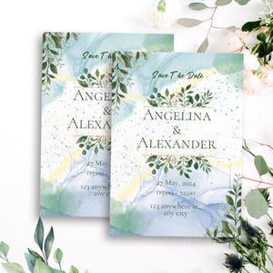 Digital Download Green White Floral Save The Date Card, Wedding Reception Invitation, Elegant Flowers Card, Floral Wedding Stationery
