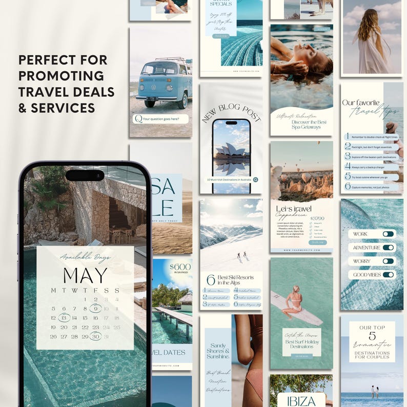 600 Travel Agent Instagram Templates: Social Media Posts & Stories Bundle (Canva)
