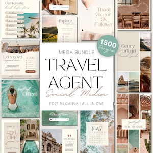 1500 Travel Agent Instagram Templates: Travel Marketing & Social Media Bundle (Canva)