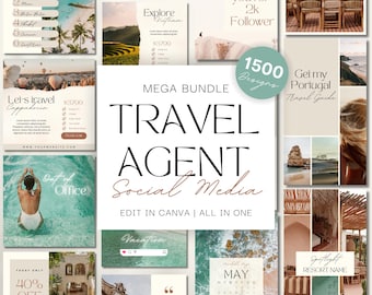 1500 Travel Agent Instagram Templates: Travel Marketing & Social Media Bundle (Canva)