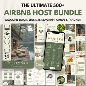 May include: An Airbnb host bundle with welcome book, signs, Instagram templates, cards, and a tracker. The design includes a phone mockup with a guide, welcome signs, and other helpful resources for hosts. The color scheme is primarily green and white.