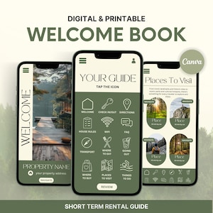 May include: Digital and printable welcome book design displayed on three smartphones. The screens show a guide with icons for welcome, check-in, directions, house rules, WiFi, and more. The text reads "Your Guide" and "Places to Visit."