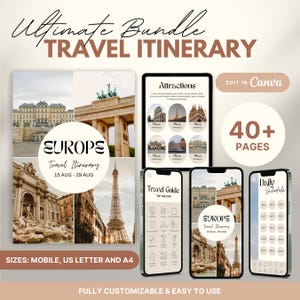 Può includere: Un modello di itinerario di viaggio digitale per l'Europa con immagini di monumenti iconici come la Torre Eiffel, la Porta di Brandeburgo e la Fontana di Trevi. Il modello è completamente personalizzabile e include oltre 40 pagine, tra cui un programma giornaliero, una guida di viaggio e un elenco di attrazioni. Il modello è disponibile nelle dimensioni mobile, US letter e A4.
