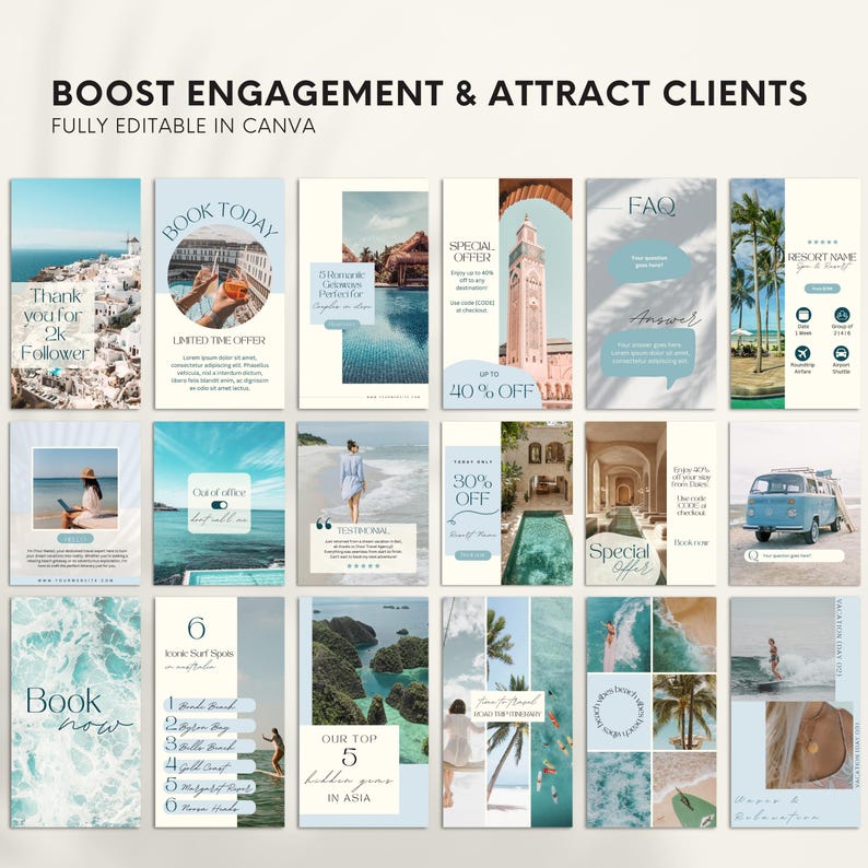 600 Travel Agent Instagram Templates: Social Media Posts & Stories Bundle (Canva)