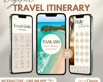 May include: A digital travel itinerary template for Thailand, displayed on a smartphone screen. The template includes a travel guide, daily schedule, and a beach scene. The text "THAILAND Travel Itinerary 15 AUG - 29 AUG" is visible on the screen. The template is interactive and can be edited in Canva.