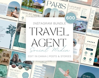 600 Travel Agent Instagram Templates: Social Media Posts & Stories Bundle (Canva)