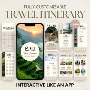 May include: A digital travel itinerary app interface with the text "FULLY CUSTOMIZABLE TRAVEL ITINERARY." The app features a Bali travel itinerary, daily schedule, and details on places to visit and where to eat. The app is interactive.
