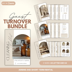May include: A set of printable checklists for Airbnb and short-term rental guest turnover. The checklists include cleaning, staging, and inventory sections. The checklists are designed in a minimalist style with a neutral colour palette and feature a photo of a bathroom with towels and cleaning supplies.