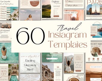 May include: A collage of 60 Instagram templates for travel bloggers and influencers. The templates feature a variety of travel-themed images, including beaches, cities, and landscapes. The templates are designed to help you create engaging and visually appealing content for your social media.