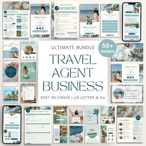 May include: A digital marketing bundle for travel agents, featuring over 50 designs. The collection includes business cards, social media templates, and forms. The color palette is primarily teal and white, with beach-themed imagery.