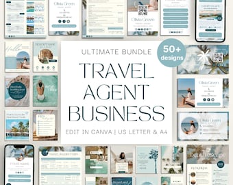 May include: A digital marketing bundle for travel agents, featuring over 50 designs. The collection includes business cards, social media templates, and forms. The color palette is primarily teal and white, with beach-themed imagery.