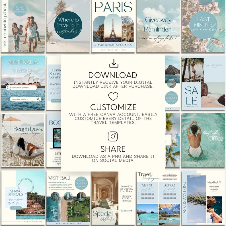 600 Travel Agent Instagram Templates: Social Media Posts & Stories Bundle (Canva)