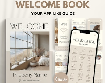 May include: Digital and printable welcome book with the text "WELCOME BOOK" and "YOUR APP-LIKE GUIDE". The book features a coastal interior design. A smartphone displays a guide with icons for various amenities. The design is in neutral tones.