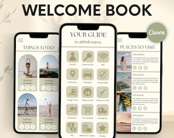 Paquete de libro de bienvenida para anfitriones de Airbnb: plantilla digital e imprimible para guía de alquileres a corto plazo (Canva)