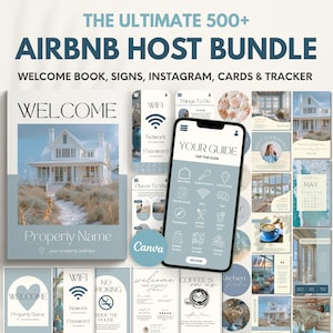 Könnte beinhalten: Ein Airbnb-Host-Bundle mit Willkommensbuch, Schildern, Instagram-Vorlagen, Karten und einem Tracker. Das Design zeigt ein Küstenmotiv mit einem weißen Haus, blauen Akzenten und dem Text "WELCOME".