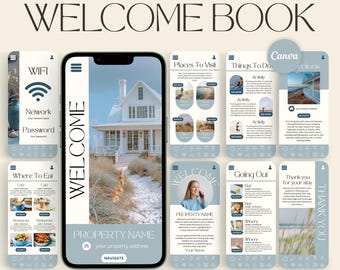 May include: A digital welcome book design for short-term rentals. The design features a smartphone with a house photo, and various app-like screens for WiFi, places to visit, things to do, and more. Text includes "Welcome Book" and "Interactive Like an App."