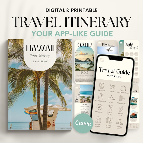 Hawaii Travel Itinerary Template: 40-Page Travel Guide Digital & Printable Bundle (Canva)