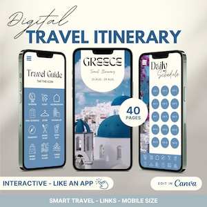 Modelo de itinerário de viagem para a Grécia, planejador de viagens digital, cronograma de viagem para a Grécia, guia turístico, marketing de férias, agente organizador de viagens de férias