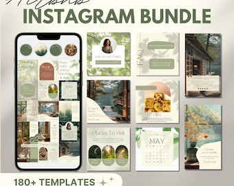 May include: A phone screen displaying a collection of 180+ Instagram templates for an Airbnb business. The templates feature a green and brown color scheme with nature-inspired imagery and text such as "Summer Special", "Keep calm and go into the woods", "Places to Visit", and "Things to Do".