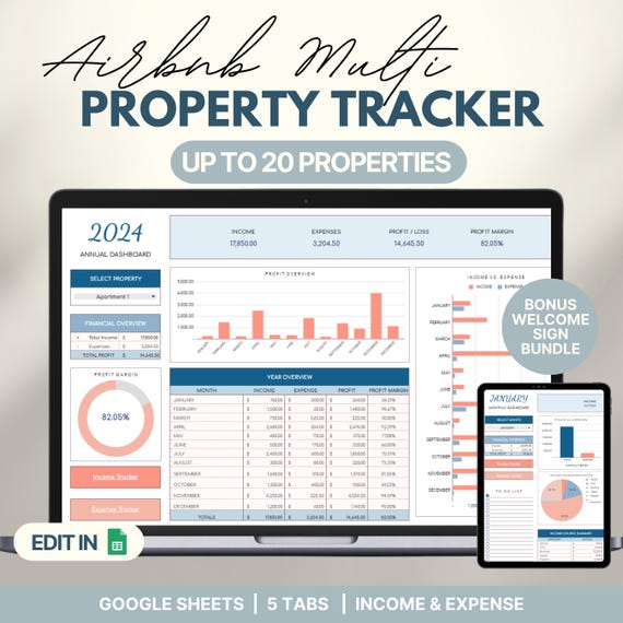 Airbnb Multi-Property Tracker: Income & Expense Google Sheet