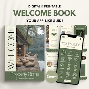 May include: Digital and printable welcome book with the text "Welcome Book" and "Your App-Like Guide". The cover features a lakeside cabin scene. A smartphone displays a guide with icons for WiFi, directions, and more.