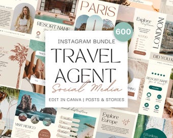 600 Travel Agent Instagram Templates: Social Media Posts & Stories Bundle (Canva)