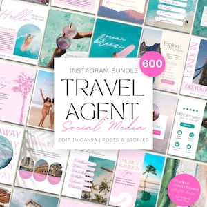Könnte beinhalten: Eine Sammlung von pinkfarbenen und weißen Social-Media-Vorlagen für Reisebüros. Die zentrale Grafik lautet "Instagram Bundle Travel Agent Social Media". Weitere Grafiken umfassen Reisefotos und Text wie "Ocean Breeze" und "Explore London".