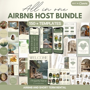 Könnte beinhalten: Eine Sammlung von über 150 grünen und beigefarbenen Vorlagen für Airbnb-Gastgeber. Die Vorlagen umfassen Willkommensleitfäden, Reinigungschecklisten, Inventarlisten und mehr. Der Text "All in one Airbnb Host Bundle" befindet sich oben im Bild.