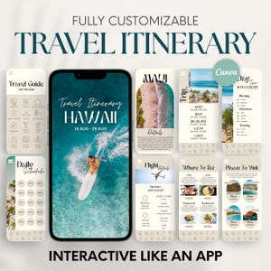 Peut inclure: Un modèle d'itinéraire de voyage numérique sur un smartphone, présentant des vacances à Hawaï. La conception comprend divers écrans de type application pour les guides de voyage, les horaires quotidiens, les détails des vols et les lieux à visiter. Le texte comprend "Travel Itinerary HAWAII".