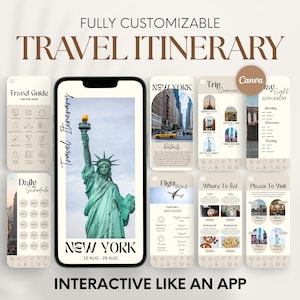 Peut inclure: Une maquette d'itinéraire de voyage numérique sur smartphone, présentant un voyage à New York. L'application affiche la Statue de la Liberté, les horaires quotidiens, les détails des vols et les lieux à visiter. Le texte comprend "ITINÉRAIRE DE VOYAGE ENTIÈREMENT PERSONNALISABLE".