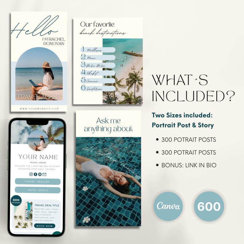 600 Travel Agent Instagram Templates: Social Media Posts & Stories Bundle (Canva)