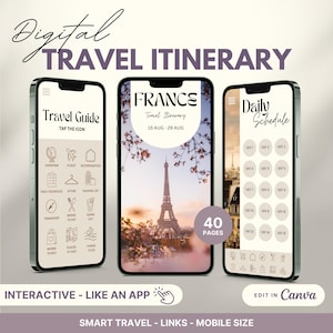 Modelo de itinerário de viagem para a França, planejador de viagens para a França, cronograma de viagem digital, guia turístico de Paris, marketing de férias, organizador de viagens de férias