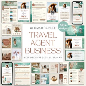 May include: A collection of marketing materials for a travel agent business. The designs include business cards, brochures, and mobile phone mockups. The color palette is a mix of beige, teal, and brown, with images of a woman in a sun hat.