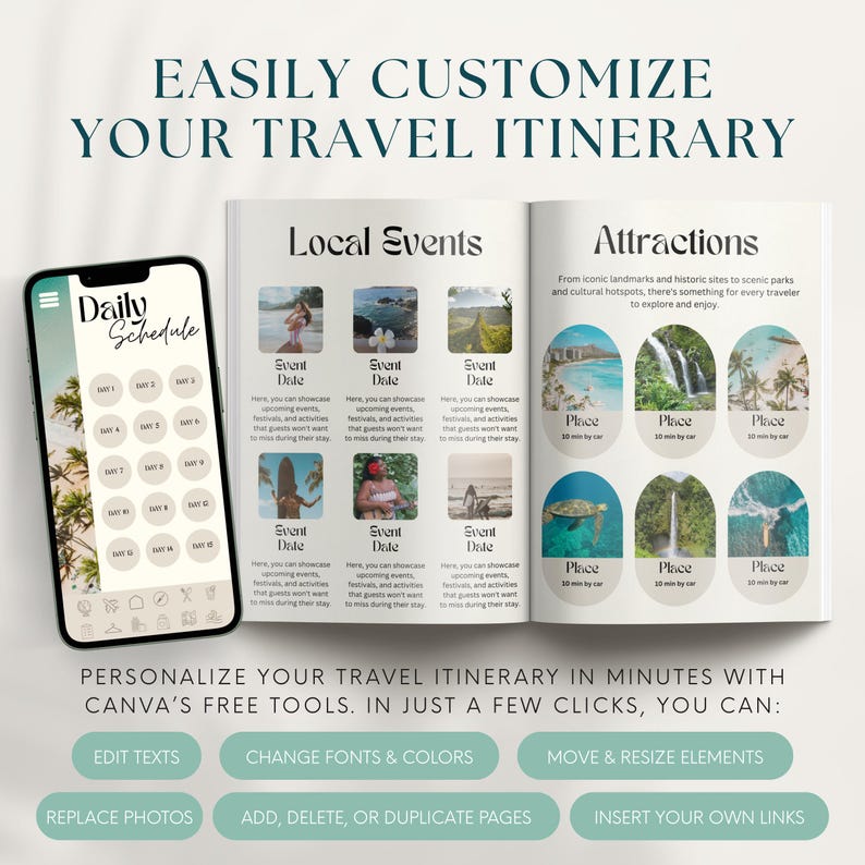 Editable Hawaii Travel Itinerary Template: 40-Page Digital + Printable Travel Guide (Canva)