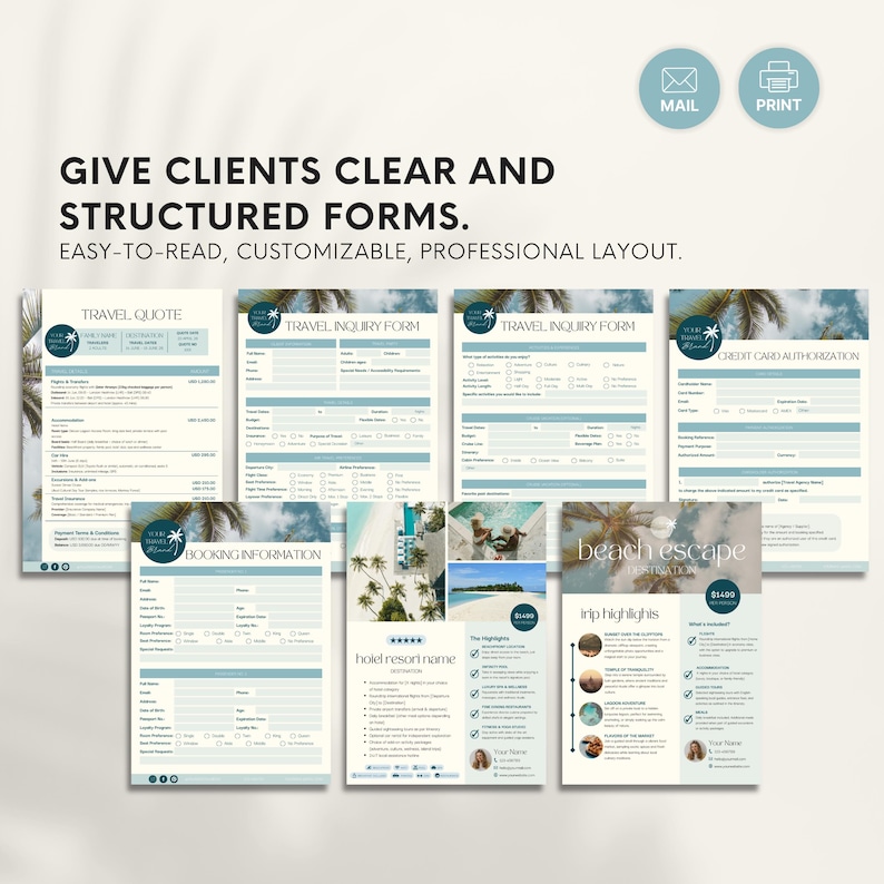 Travel Agent Business Bundle: Forms, Proposal Template, Link in Bio, Business Cards & Instagram Posts for Travel Agencies (Canva)