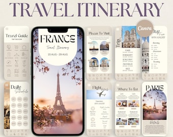 France Travel Itinerary Template: 40-Page Travel Guide, Family Trip Digital & Printable (Canva)